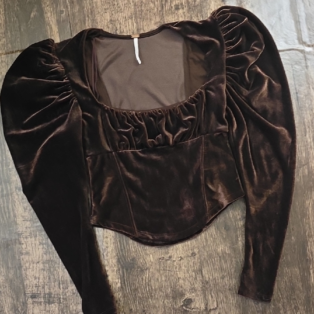 FREE PEOPLE Velvet Puff‎ Sleeve Blouse - Deep Chocolate Brown Sz XS